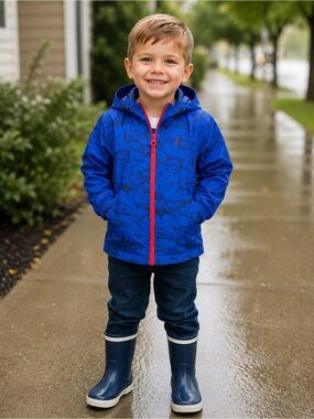 Joules Royal Blue Shark-Print Hooded Raincoat with Red Zip